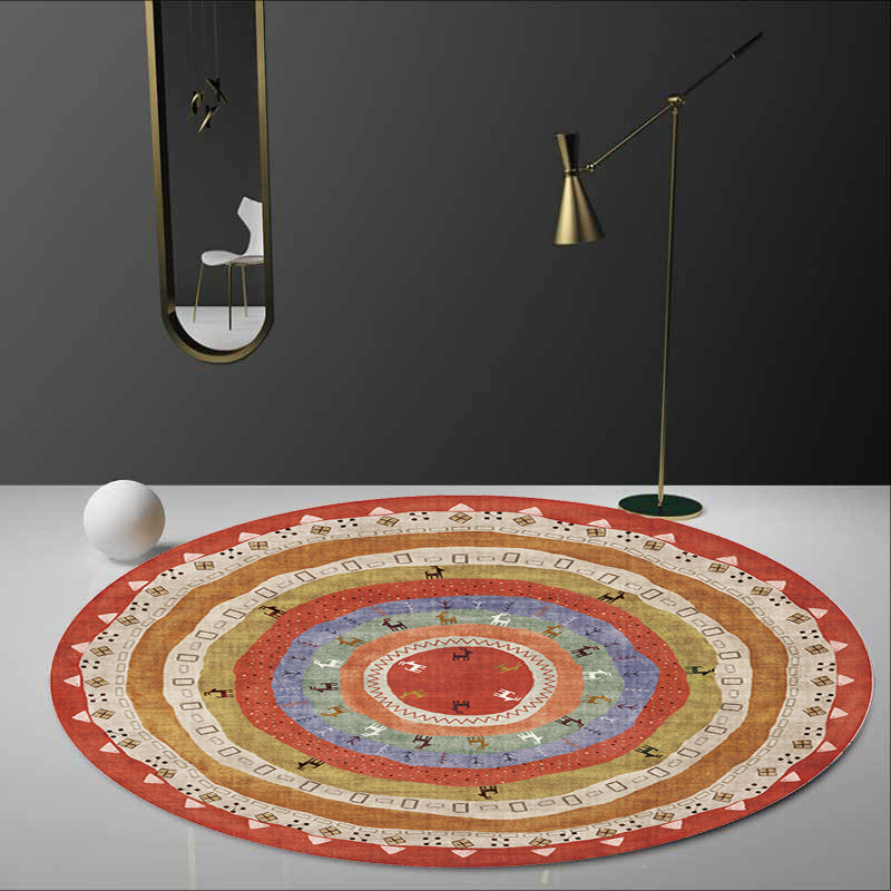 Avtoit | Retro Tribal Circles Pattern Carpet Yellow and Red Polyester Carpet Washable Pet Friendly Non-Slip Carpet for the Living Room