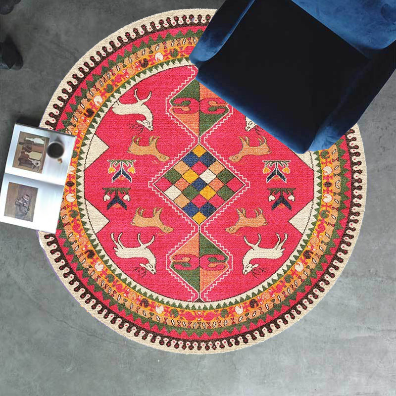 Avtoit | Retro Tribal Circles Pattern Carpet Yellow and Red Polyester Carpet Washable Pet Friendly Non-Slip Carpet for the Living Room