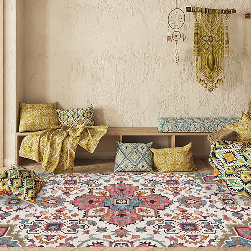 Avtoit | Traditional Tribal Flower Pattern Rug Multicolored Moroccan Rug Polyester Pet Friendly Non-Slip Back Washable Rug for Living Room