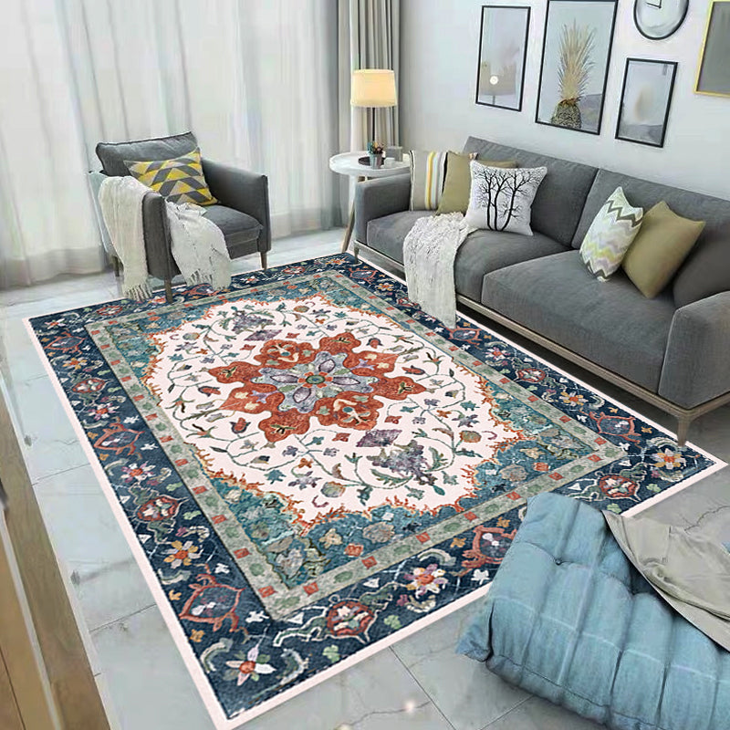 Avtoit | Traditional Tribal Flower Pattern Rug Multicolored Moroccan Rug Polyester Pet Friendly Non-Slip Back Washable Rug for Living Room