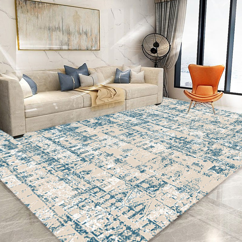 Avtoit | Shabby Chic Tribal Pattern Carpet Blue Polyester Carpet Washable Pet-Friendly Non-Slip Carpet for the Living Room