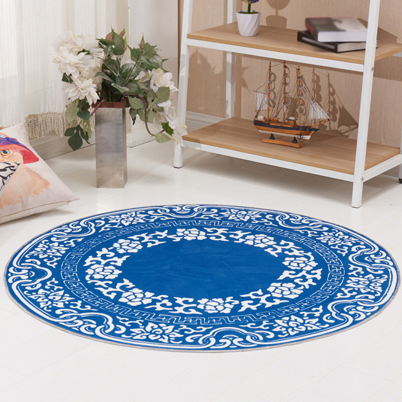Avtoit | Vintage Floral Pattern Carpet Blue and Black Polyester Carpet Washable Pet-Friendly Non-Slip Carpet for Living Room