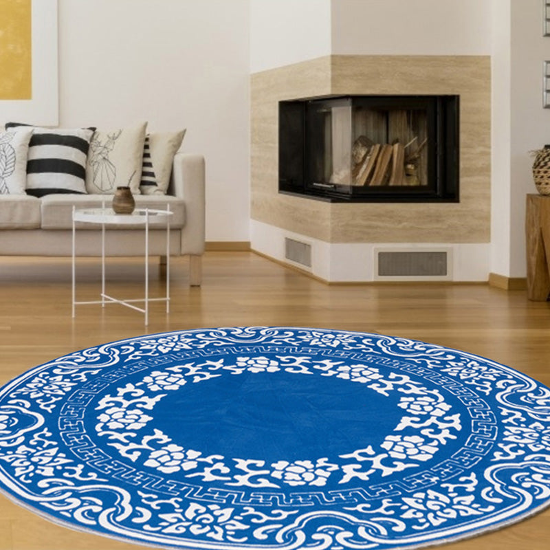 Avtoit | Vintage Floral Pattern Carpet Blue and Black Polyester Carpet Washable Pet-Friendly Non-Slip Carpet for Living Room