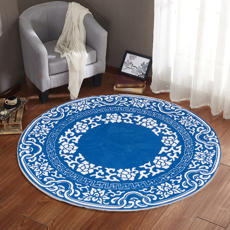 Avtoit | Vintage Floral Pattern Carpet Blue and Black Polyester Carpet Washable Pet-Friendly Non-Slip Carpet for Living Room