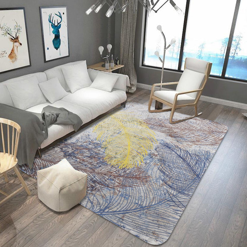 Avtoit | Yellow Shabby Chic Carpet Polyester Feather Pattern Carpet Machine Washable Non-Slip Back Carpet for Decoration