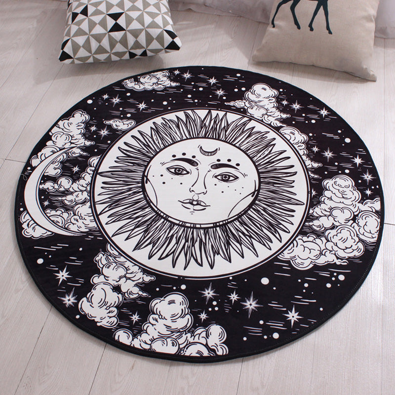 Avtoit | Moroccan floral pattern rug with moon black and red polyester rug machine washable pet-friendly non-slip rug for the living room