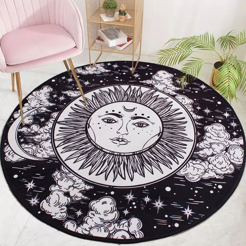 Avtoit | Moroccan floral pattern rug with moon black and red polyester rug machine washable pet-friendly non-slip rug for the living room