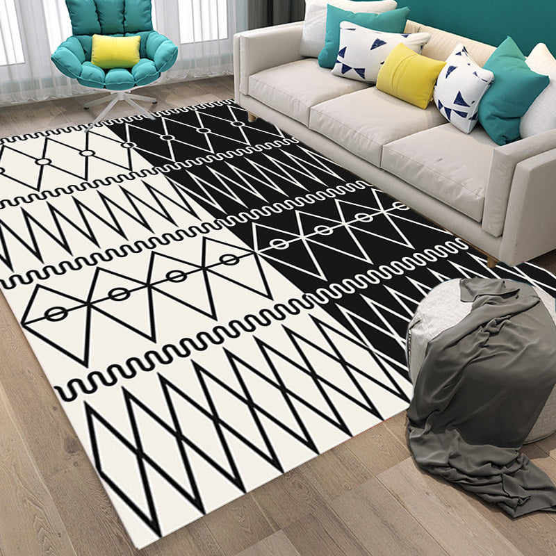 Avtoit | Retro geometric pattern rug black and white southwest rug polyester pet friendly non-slip backing washable rug for living room