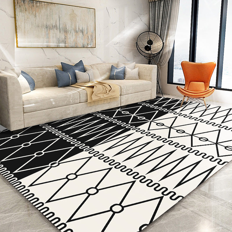 Avtoit | Retro geometric pattern rug black and white southwest rug polyester pet friendly non-slip backing washable rug for living room
