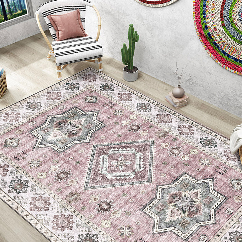 Avtoit | Retro Tribal Flower Pattern Rug Pink and Gray Polyester Rug Washable Pet-Friendly Non-Slip Rug for Living Room