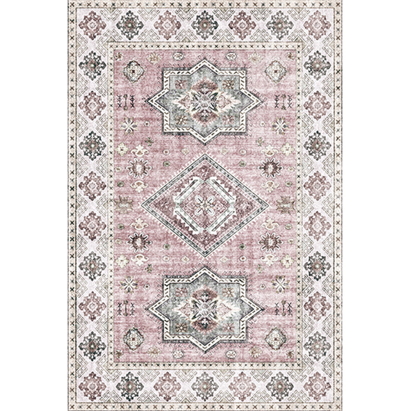 Avtoit | Retro Tribal Flower Pattern Rug Pink and Gray Polyester Rug Washable Pet-Friendly Non-Slip Rug for Living Room