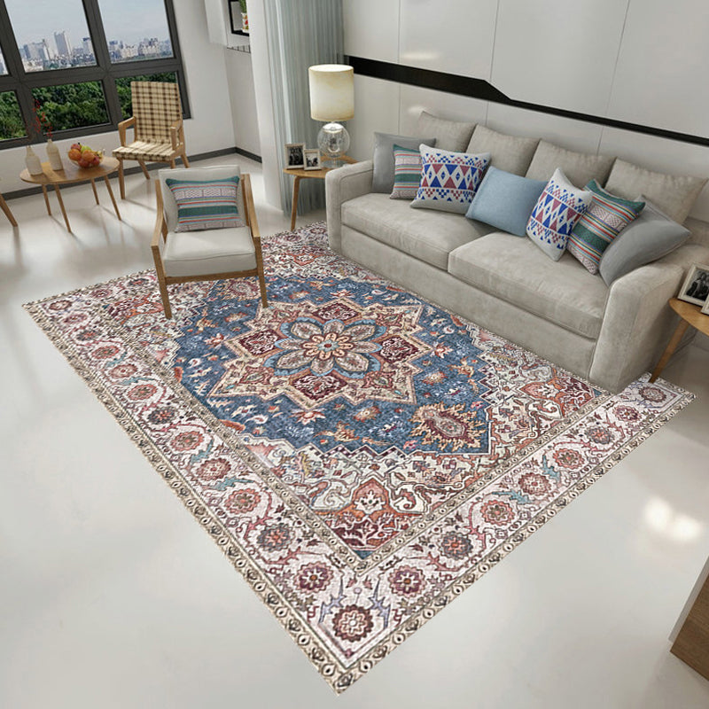 Avtoit | Retro Tribal Flower Pattern Rug Pink and Gray Polyester Rug Washable Pet-Friendly Non-Slip Rug for Living Room