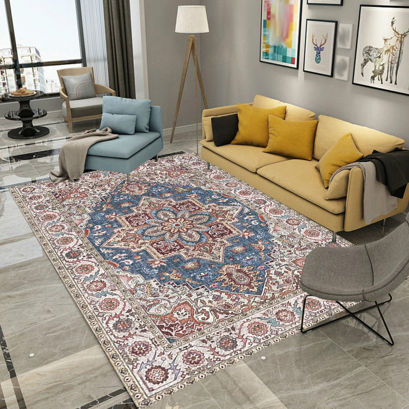 Avtoit | Retro Tribal Flower Pattern Rug Pink and Gray Polyester Rug Washable Pet-Friendly Non-Slip Rug for Living Room