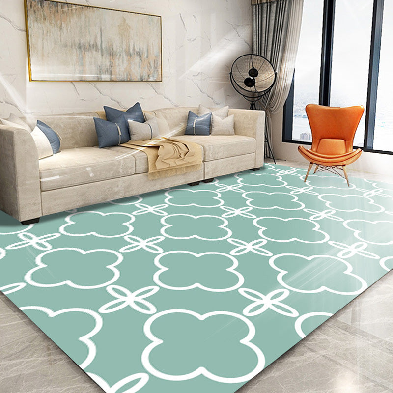 Avtoit | Retro-geometric floral pattern rug blue and green southwest rug polyester pet-friendly non-slip back washable area rug for living room