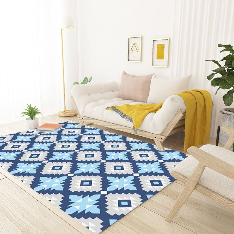 Avtoit | Retro-geometric floral pattern rug blue and green southwest rug polyester pet-friendly non-slip back washable area rug for living room