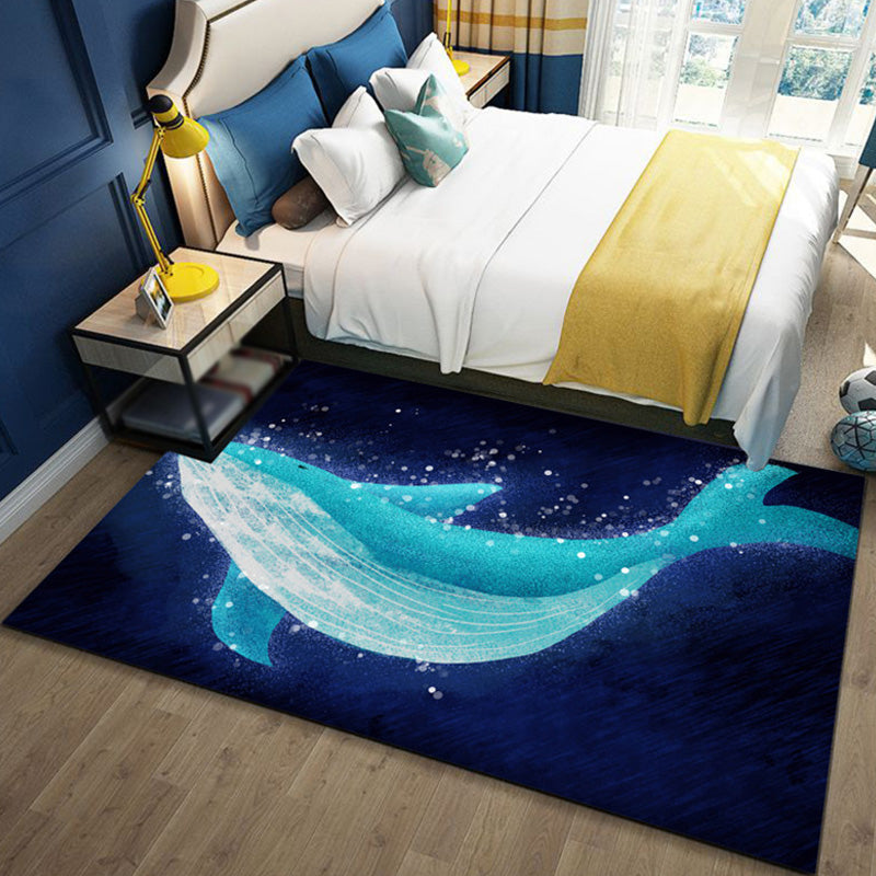 Avtoit | Children's Ocean Pattern Rug with Fish Blue Polyester Rug Non-Slip Back Washable Pet-Friendly Rug for the Bedroom