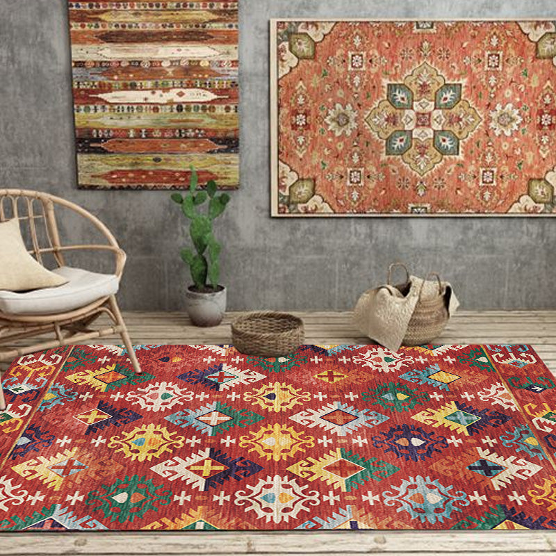 Avtoit | Stylish geometric pattern rug with flowers white and red Moroccan rug polyester pet-friendly non-slip back washable area rug for living room