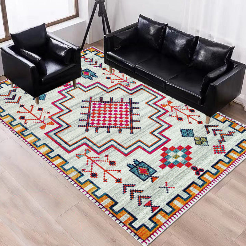Avtoit | Stylish geometric pattern rug with flowers white and red Moroccan rug polyester pet-friendly non-slip back washable area rug for living room