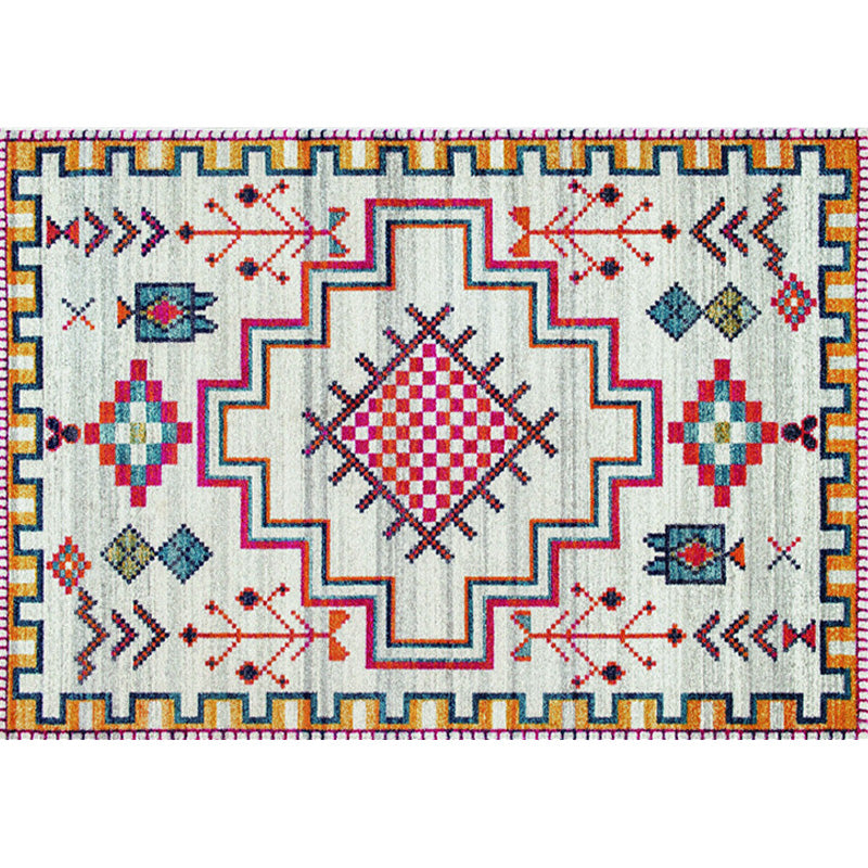 Avtoit | Stylish geometric pattern rug with flowers white and red Moroccan rug polyester pet-friendly non-slip back washable area rug for living room