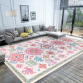 Avtoit | White and pink Bohemian rug Polyester floral pattern pet-friendly washable non-slip backing rug for decoration