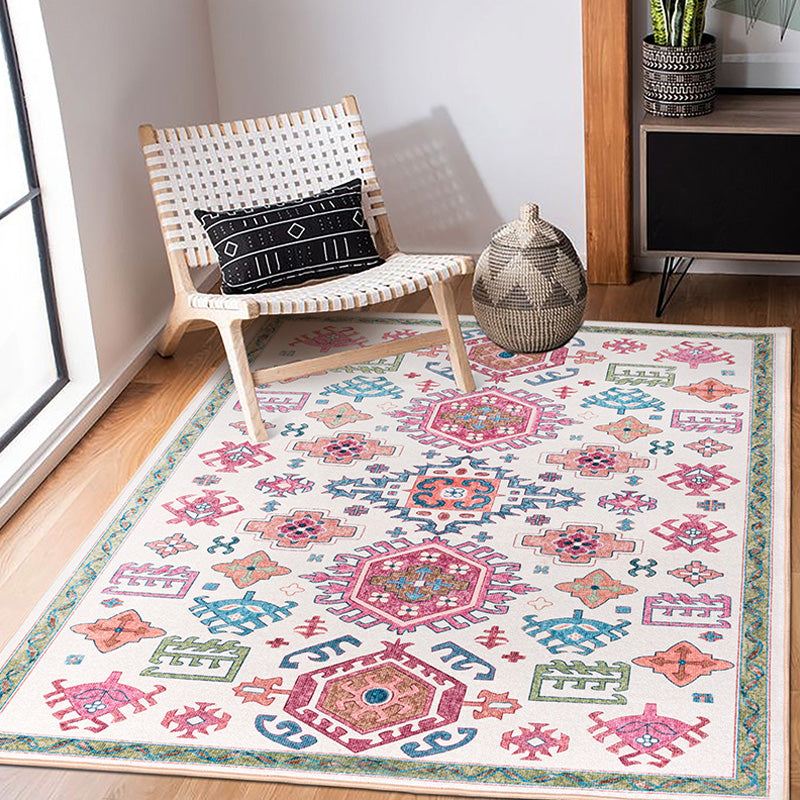 Avtoit | White and pink Bohemian rug Polyester floral pattern pet-friendly washable non-slip backing rug for decoration