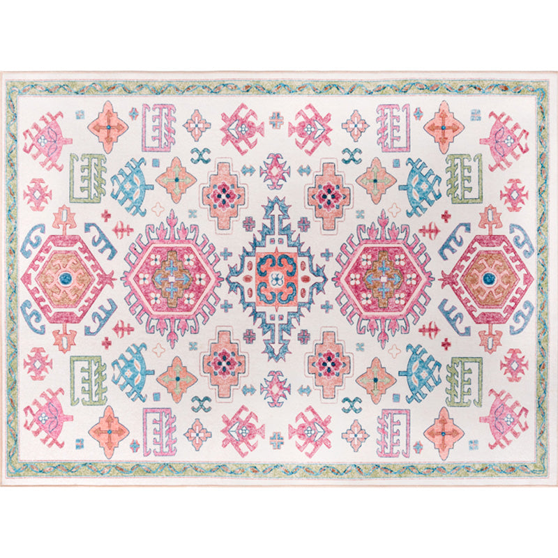 Avtoit | White and pink Bohemian rug Polyester floral pattern pet-friendly washable non-slip backing rug for decoration