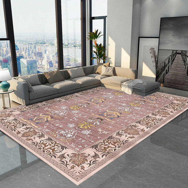 Avtoit | Pink Shabby Chic Carpet Polyester Tribal Floral Pattern Carpet Pet-Friendly Washable Non-Slip Back Carpet for Decoration