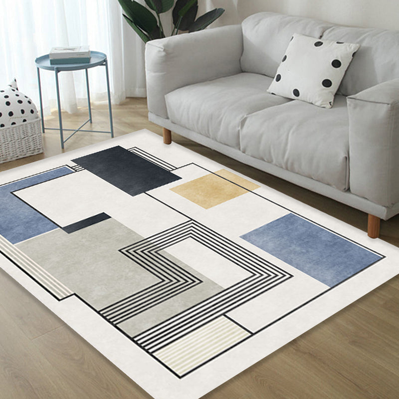 Avtoit | Novelty Geometric Pattern Rug with Stripes Blue Polyester Rug Non-Slip Back Washable Pet-Friendly Rug for Home