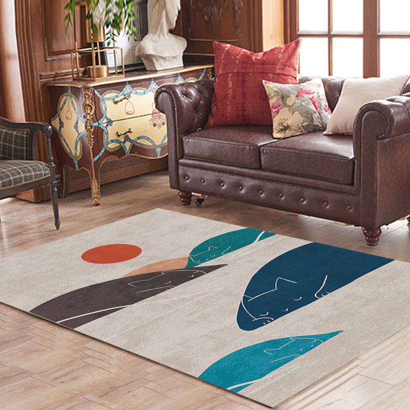 Avtoit | Navy Blue Multi-Pattern Rug Polyester Oriental Rug Washable Non-Slip Pet-Friendly Area Rug for the Living Room
