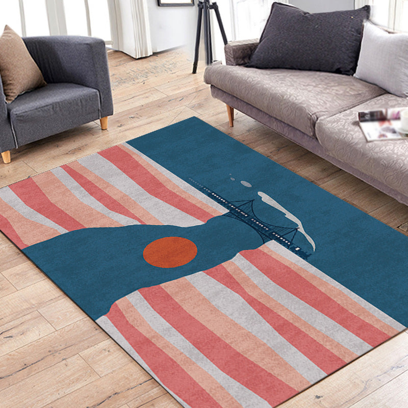 Avtoit | Navy Blue Multi-Pattern Rug Polyester Oriental Rug Washable Non-Slip Pet-Friendly Area Rug for the Living Room