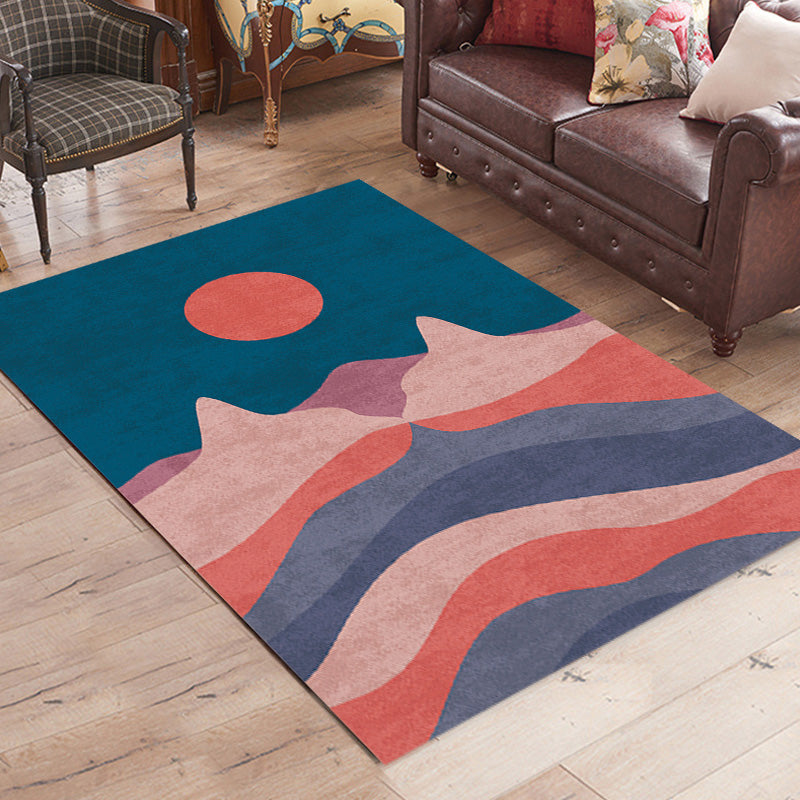 Avtoit | Navy Blue Multi-Pattern Rug Polyester Oriental Rug Washable Non-Slip Pet-Friendly Area Rug for the Living Room