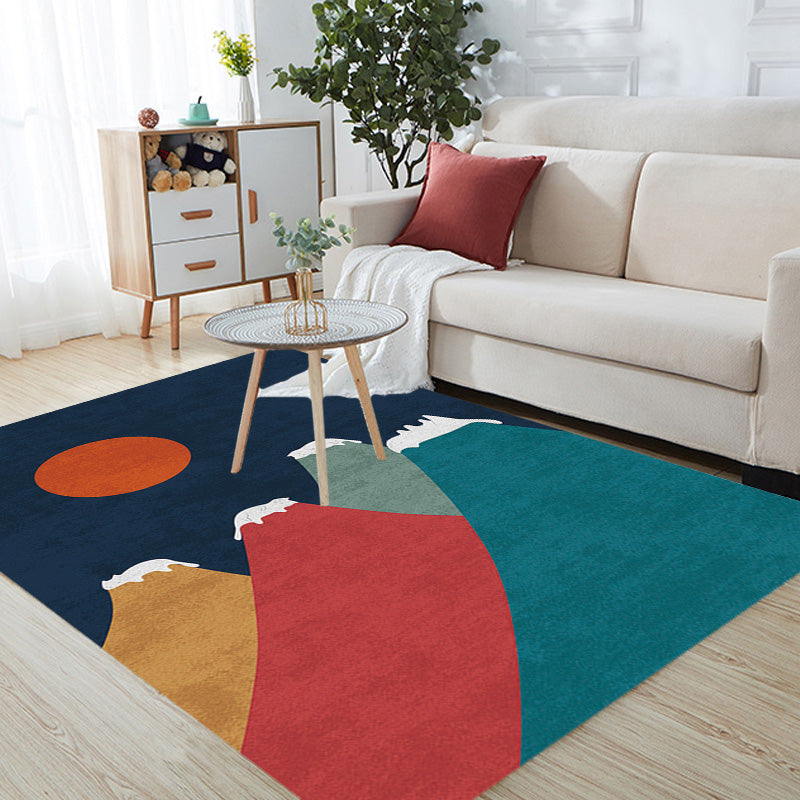 Avtoit | Navy Blue Multi-Pattern Rug Polyester Oriental Rug Washable Non-Slip Pet-Friendly Area Rug for the Living Room