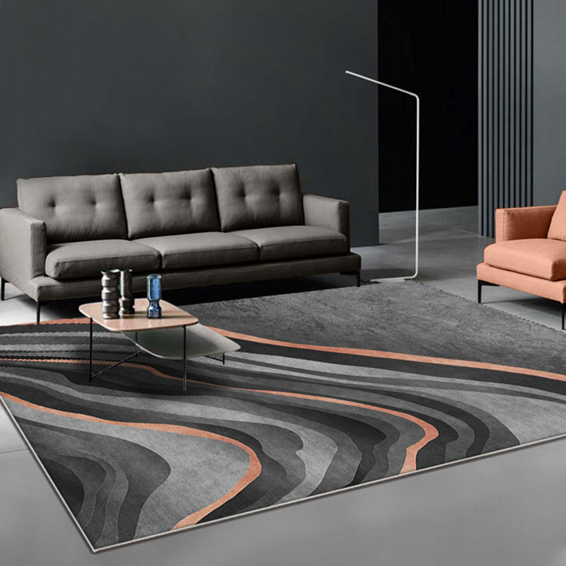 Avtoit | Creative Black Modernist Carpet Polyester Swirl Striped Pattern Rug Washable Pet-Friendly Non-Slip Area Rug for Living Room