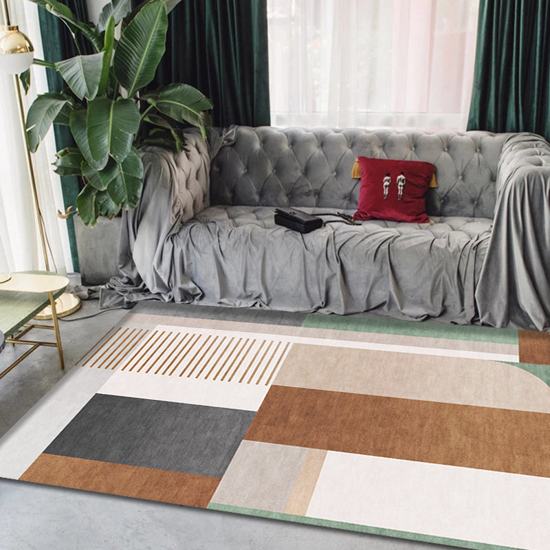 Avtoit | Brown geometric patterned rug with stripes, modern rug, washable, non-slip, pet-friendly rug for the living room