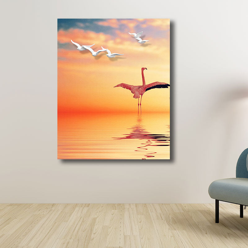 Avtoit | Tropical Flamingo and Seagull Canvas Orange Decorative Art Print for Living Room