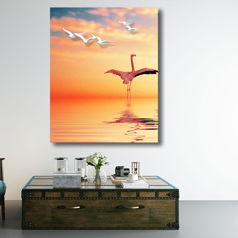 Avtoit | Tropical Flamingo and Seagull Canvas Orange Decorative Art Print for Living Room