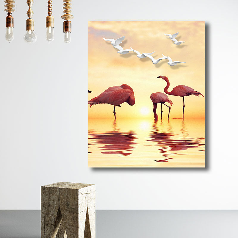 Avtoit | Tropical Flamingo and Seagull Canvas Orange Decorative Art Print for Living Room