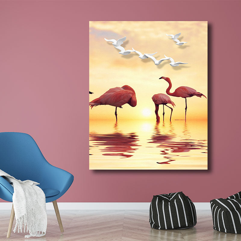 Avtoit | Tropical Flamingo and Seagull Canvas Orange Decorative Art Print for Living Room