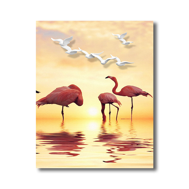 Avtoit | Tropical Flamingo and Seagull Canvas Orange Decorative Art Print for Living Room