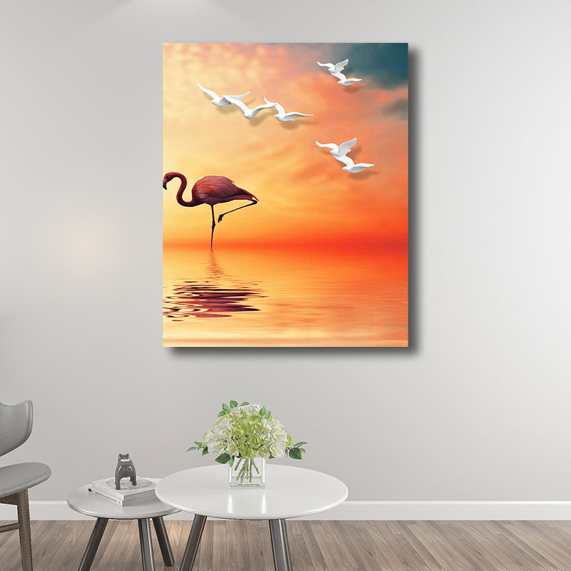 Avtoit | Tropical Flamingo and Seagull Canvas Orange Decorative Art Print for Living Room