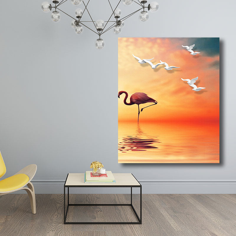 Avtoit | Tropical Flamingo and Seagull Canvas Orange Decorative Art Print for Living Room