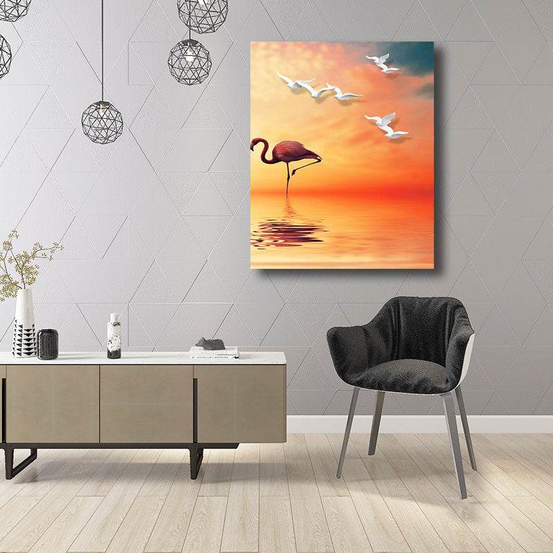 Avtoit | Tropical Flamingo and Seagull Canvas Orange Decorative Art Print for Living Room