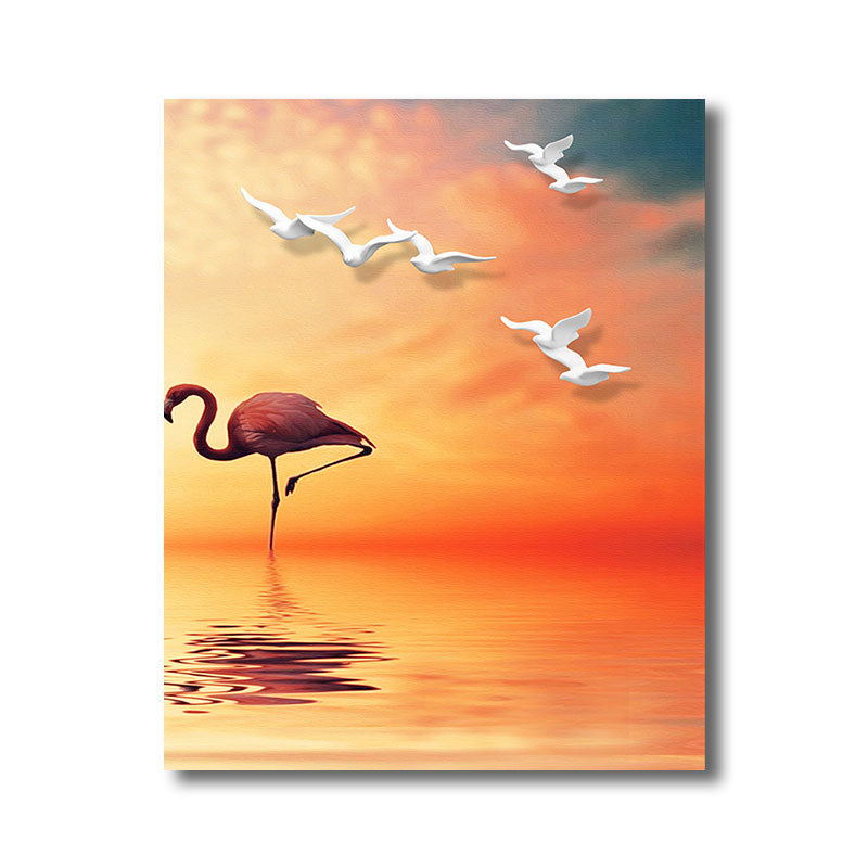 Avtoit | Tropical Flamingo and Seagull Canvas Orange Decorative Art Print for Living Room