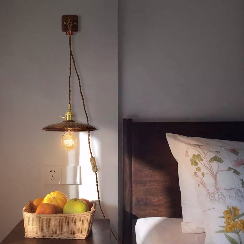 Avtoit | Wooden Tray Plug Wall Lighting Ideas Rustic 1 Light Bulb 8"/10" Wide Nightstand Wall Lamp in Brown with Extra Long Cable