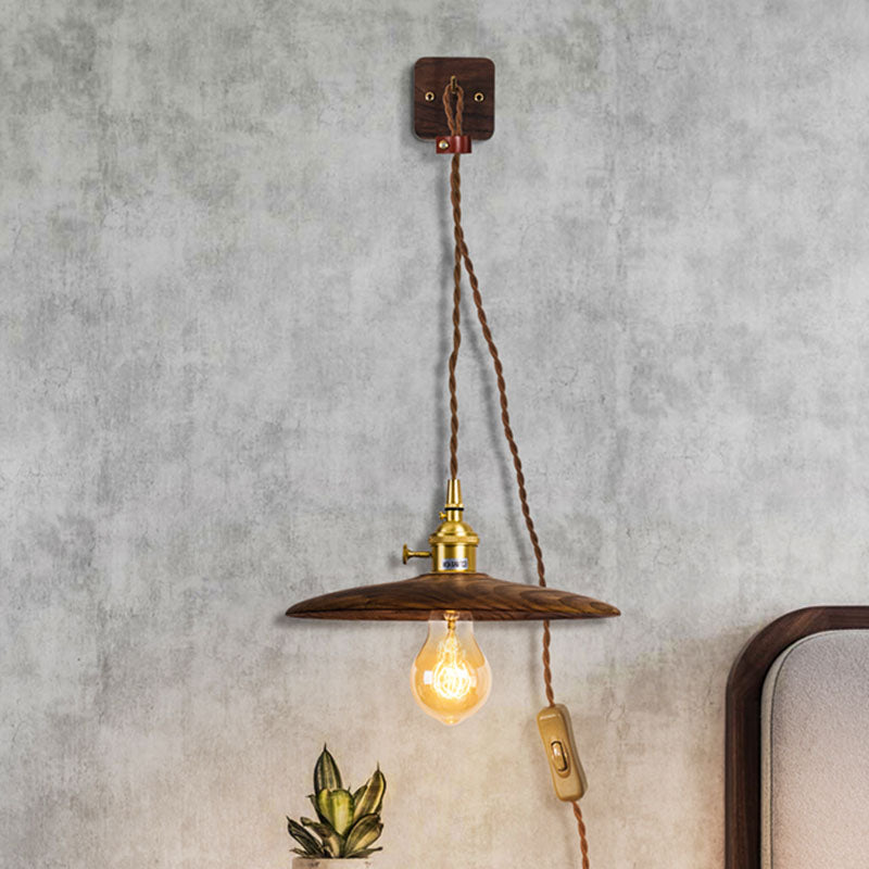 Avtoit | Wooden Tray Plug Wall Lighting Ideas Rustic 1 Light Bulb 8"/10" Wide Nightstand Wall Lamp in Brown with Extra Long Cable