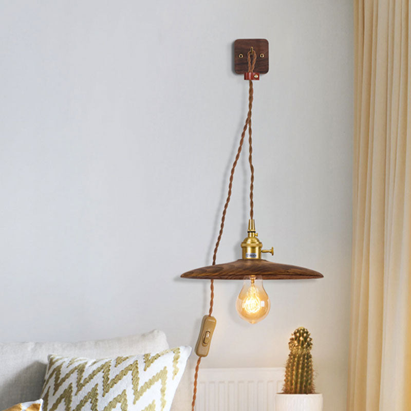 Avtoit | Wooden Tray Plug Wall Lighting Ideas Rustic 1 Light Bulb 8"/10" Wide Nightstand Wall Lamp in Brown with Extra Long Cable