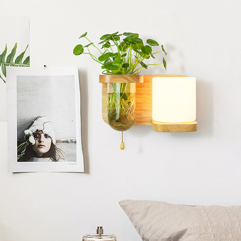 Avtoit | Wood Globe/Cylinder Wall Sconce Nordic Cream Glass 1 Light Bedroom Wall Lamp with Plant Pot and Pull Chain