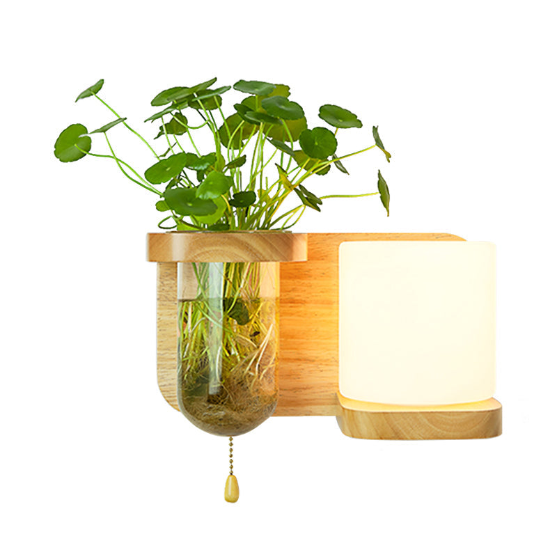 Avtoit | Wood Globe/Cylinder Wall Sconce Nordic Cream Glass 1 Light Bedroom Wall Lamp with Plant Pot and Pull Chain