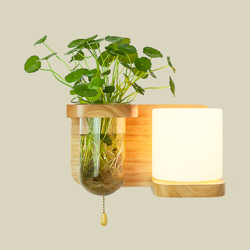 Avtoit | Wood Globe/Cylinder Wall Sconce Nordic Cream Glass 1 Light Bedroom Wall Lamp with Plant Pot and Pull Chain