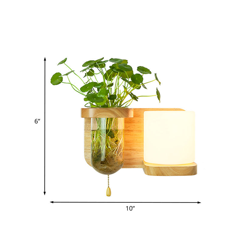 Avtoit | Wood Globe/Cylinder Wall Sconce Nordic Cream Glass 1 Light Bedroom Wall Lamp with Plant Pot and Pull Chain